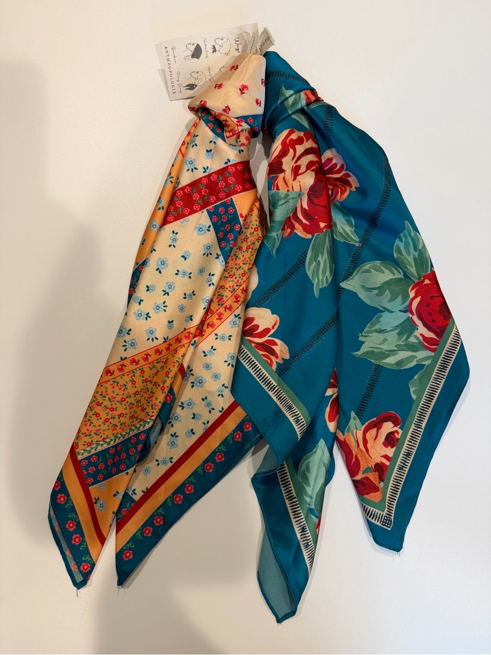 Anthropologie Floral Striped Silk-Feel Scarves Teal Orange NEW - Picture 3 of 5